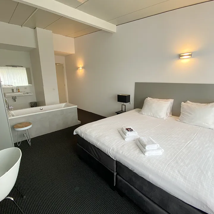 Een grijs-witte kamer met een wandlamp, een nachtkastje met lamp en een bad in de kamer.